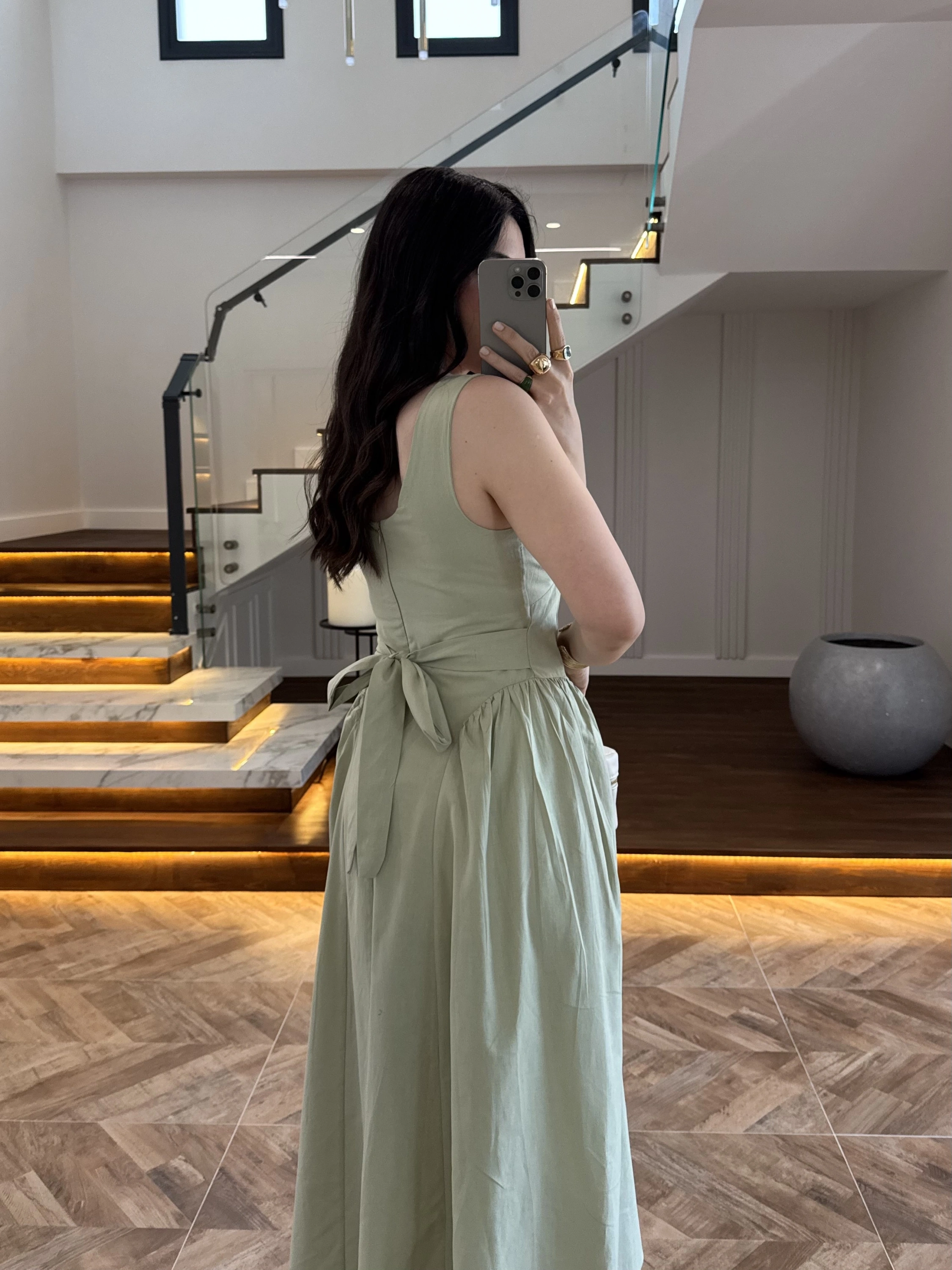 SU YEŞİLİ KUŞAKLI ELBİSE- 3998