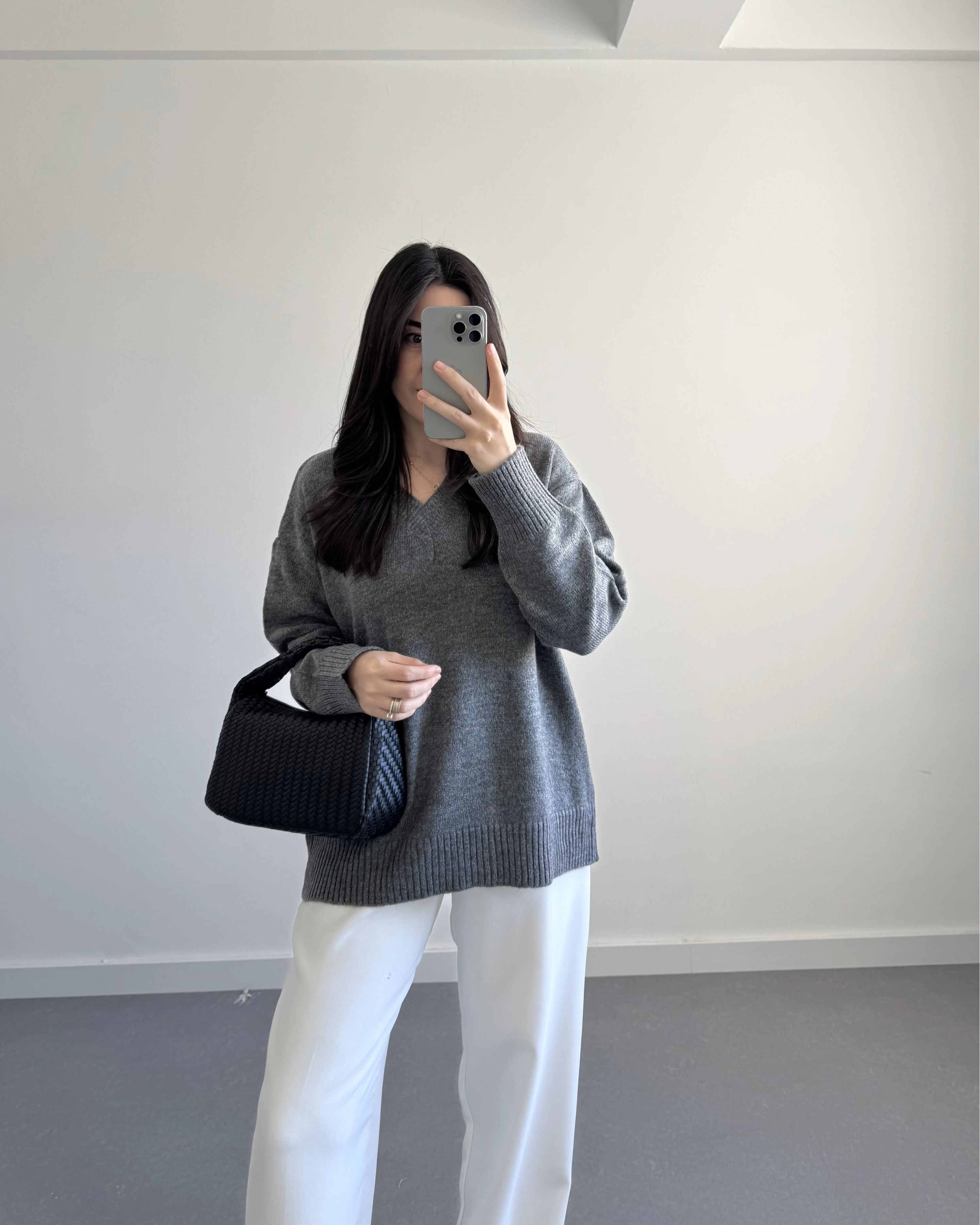 V YAKA PİNTEREST KAZAK GRİ