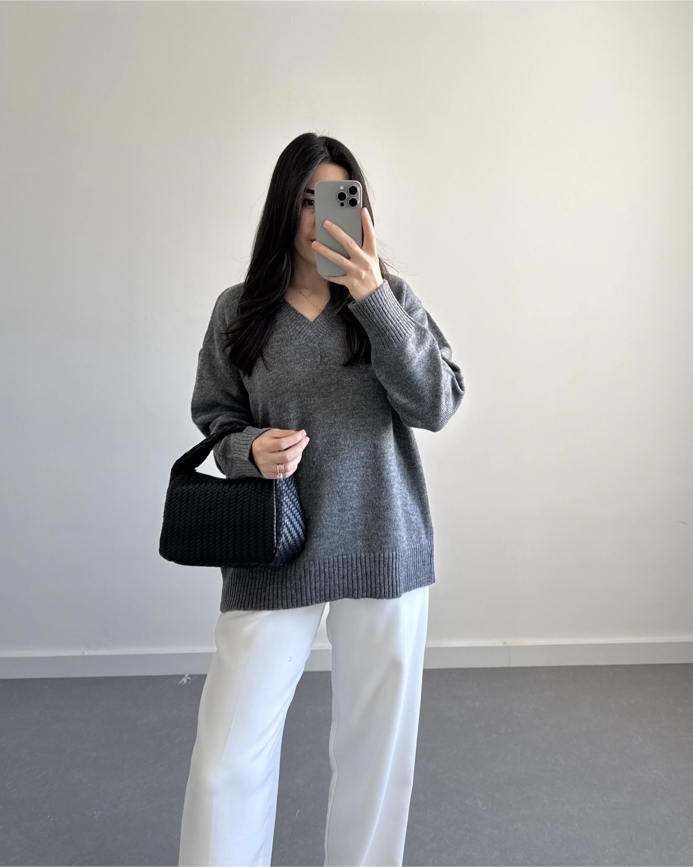 V YAKA PİNTEREST KAZAK GRİ