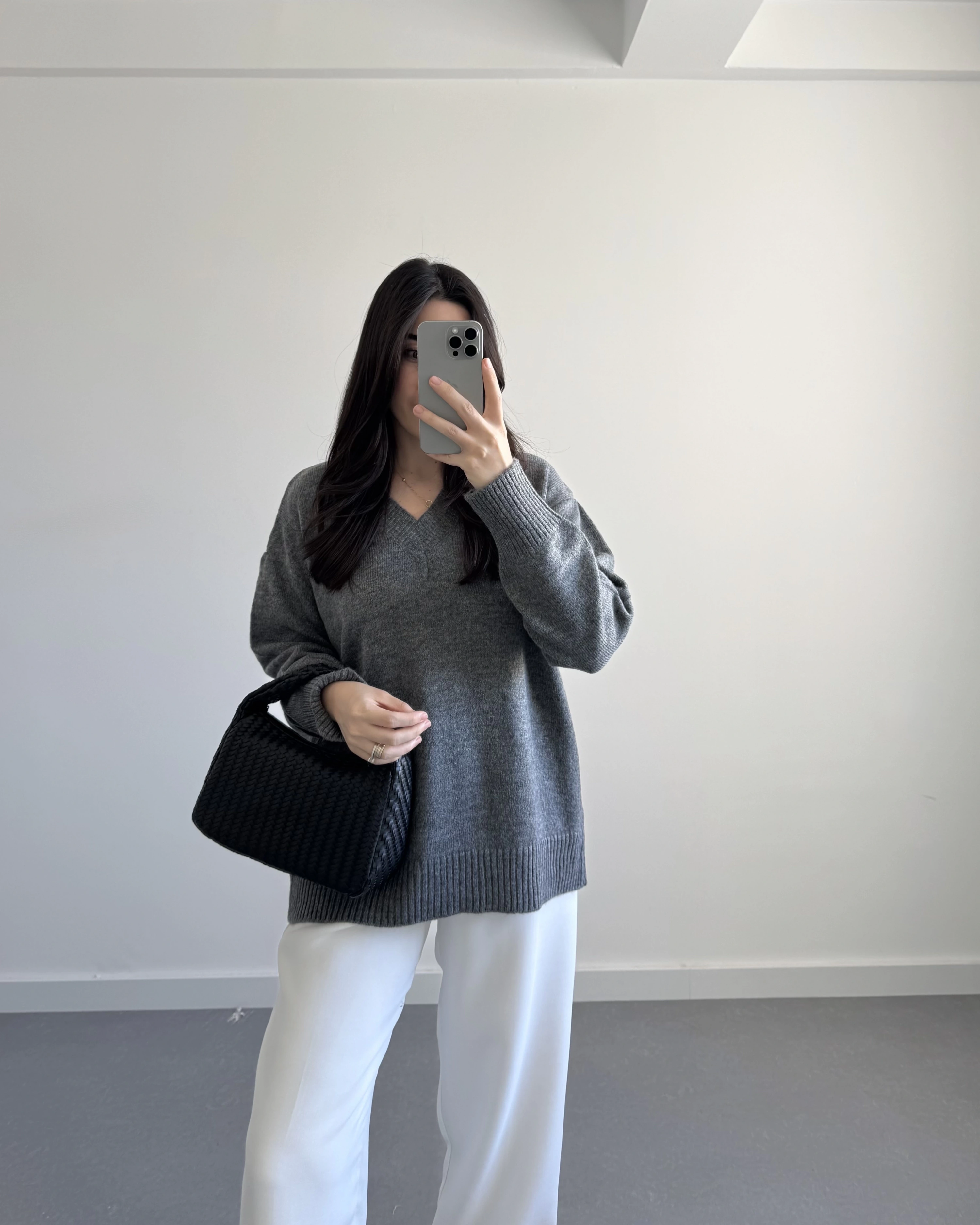 V YAKA PİNTEREST KAZAK GRİ