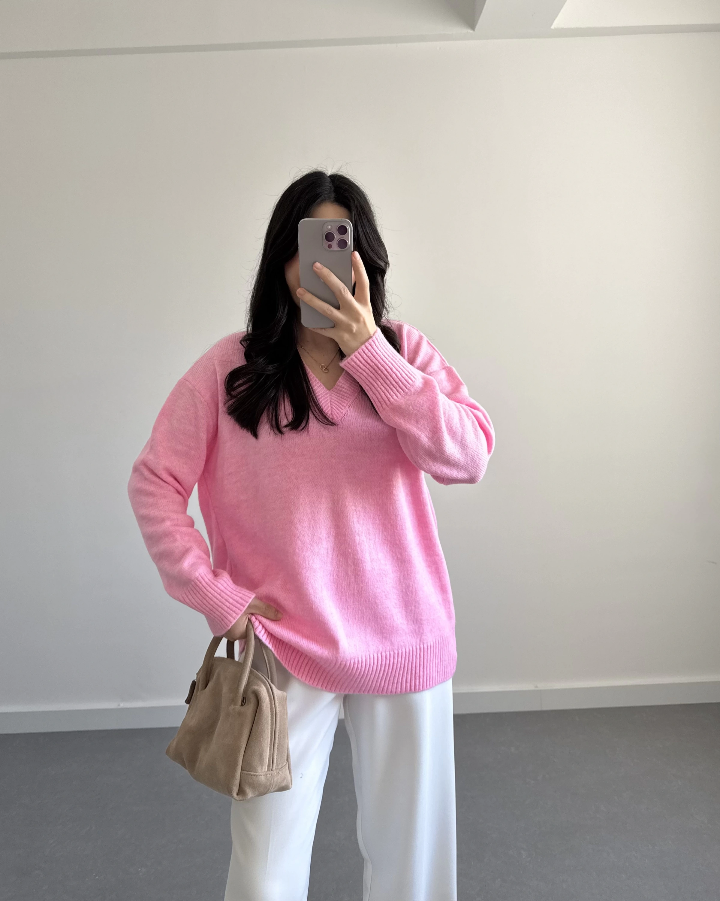 V YAKA PİNTEREST KAZAK PEMBE