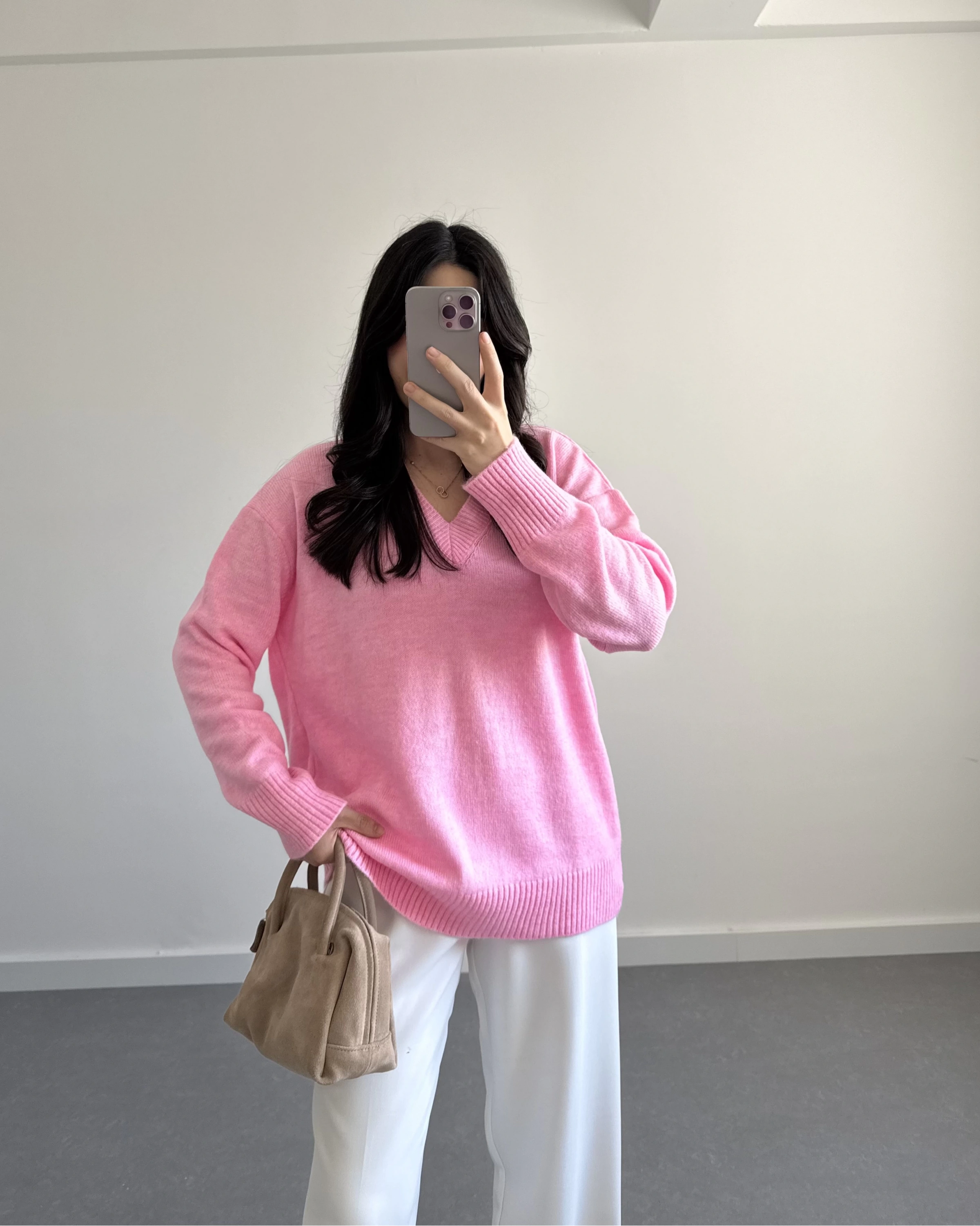 V YAKA PİNTEREST KAZAK PEMBE