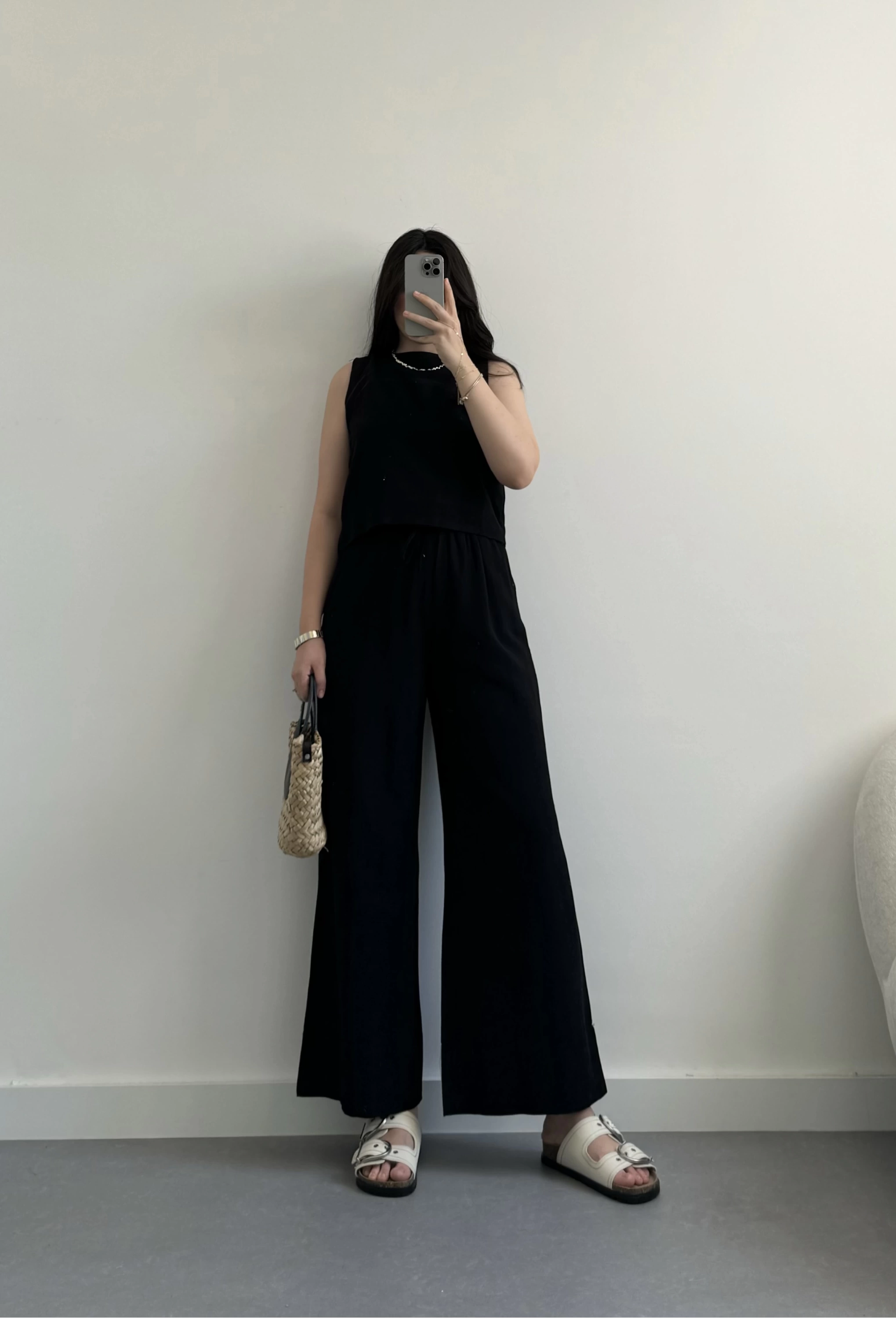 Winella siyah keten bluz takım