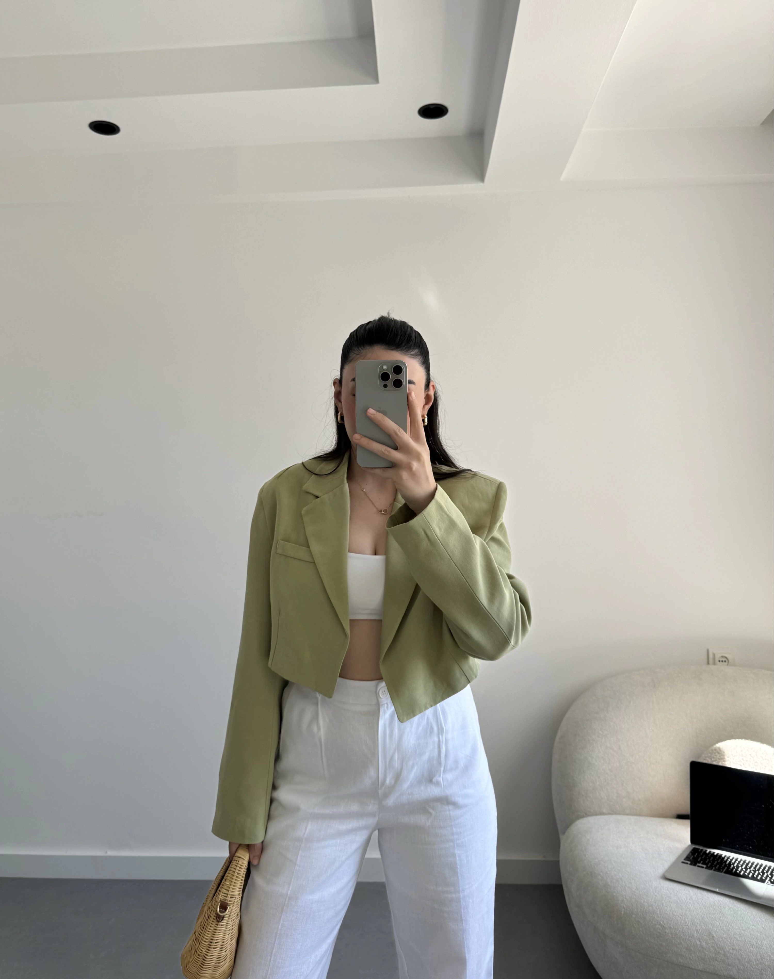 Yağ Yeşil Crop Keten Blazer