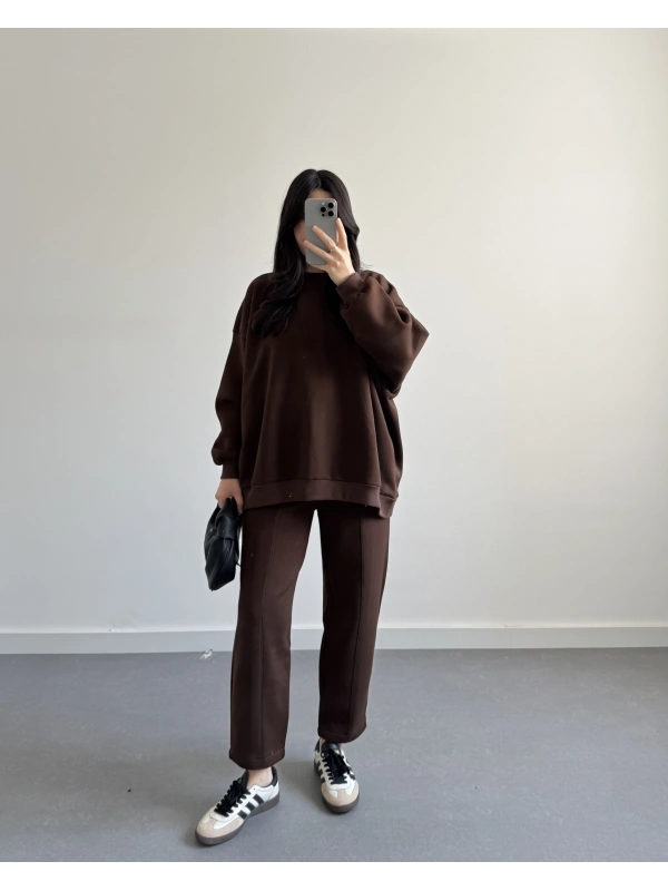 3 İPLİK ŞARDONLU PREMİUM SWEAT TAKIM KAHVE