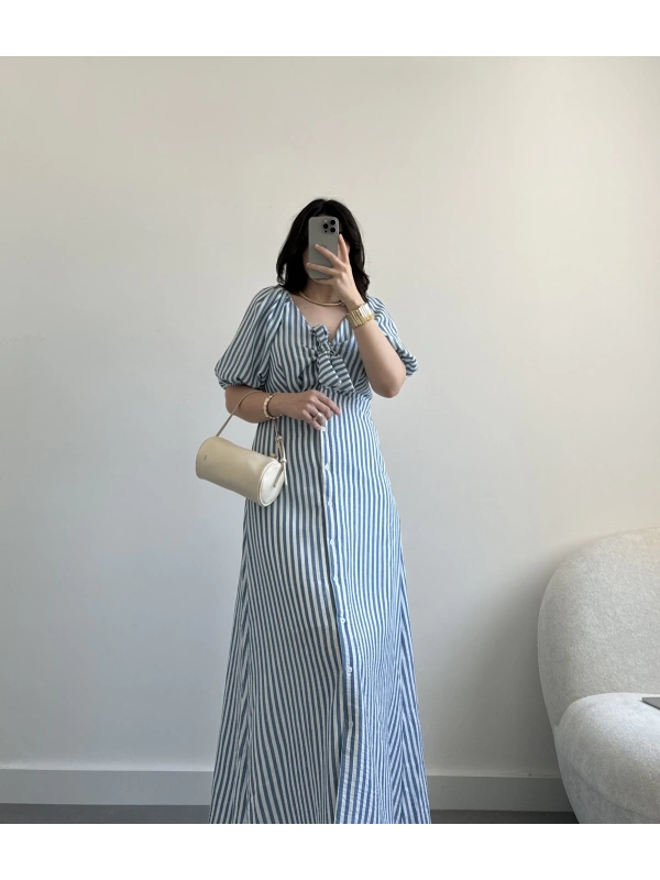 Mavi çizgili keten miydi boy elbise