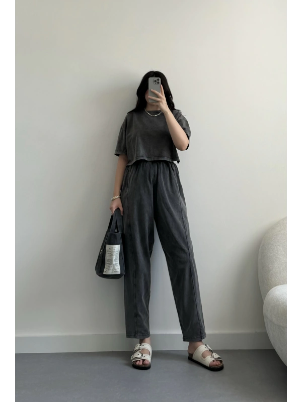 Gri yıkamalı crop eşofman takımı