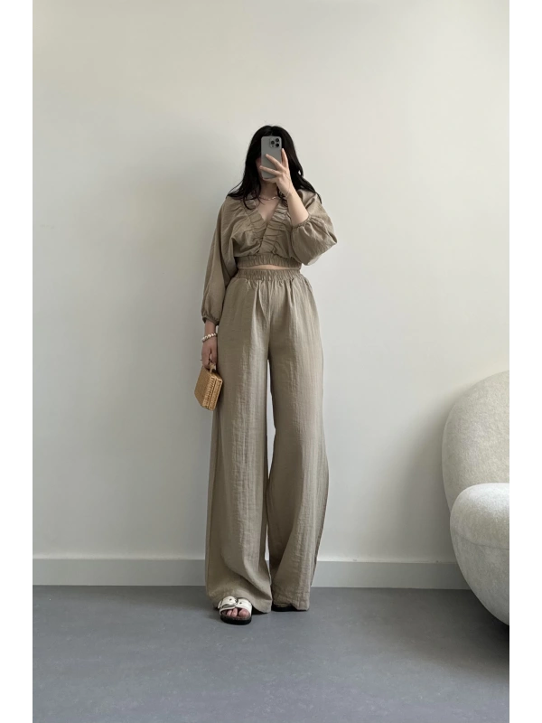 Haki V yaka bluz takım