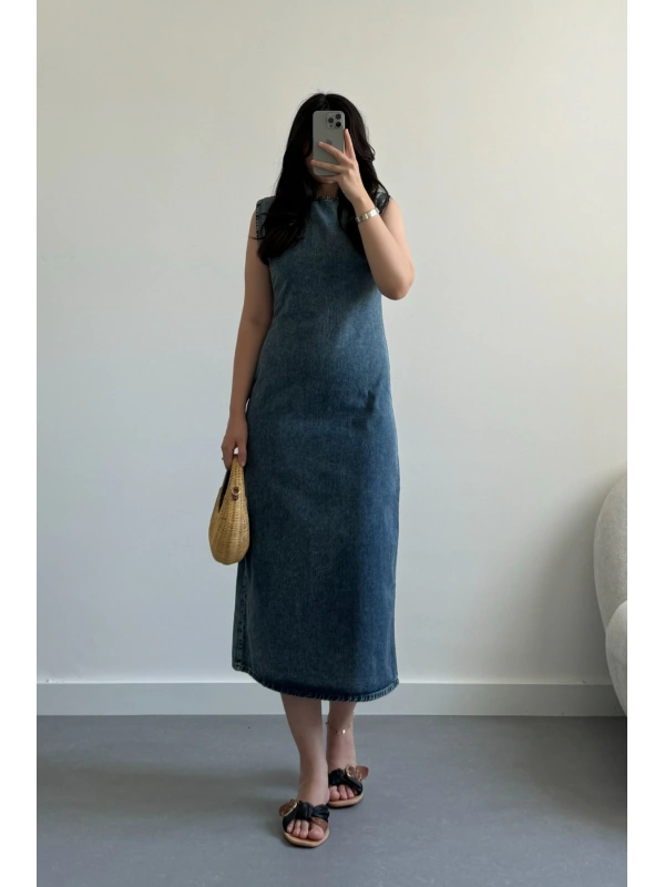 Midi Boy Yırtmaçlı Kot Elbise