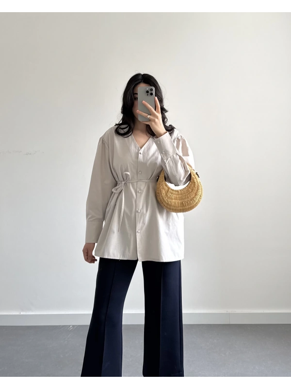 TAŞ RENK BALON KOL POPLİN GÖMLEK