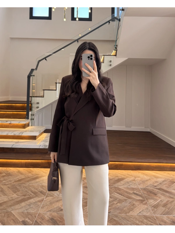 KAHVE BAĞLAMA DETAYLI BLAZER CEKET -7657