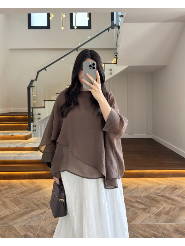 KARGOLAMA 15 ŞUBAT KAHVE UÇUŞAN PELERİN BLUZ -5026