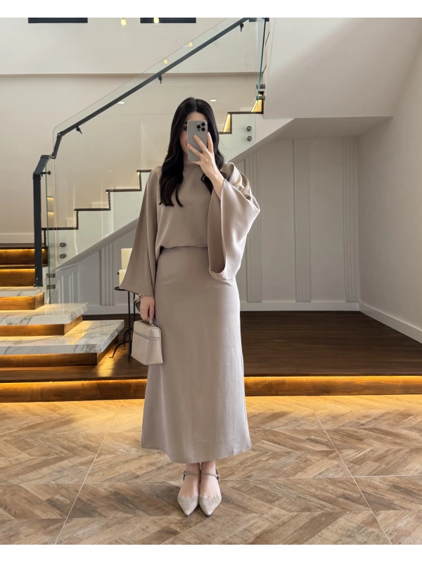 BEJ YARIM KOL ELBİSE-5000