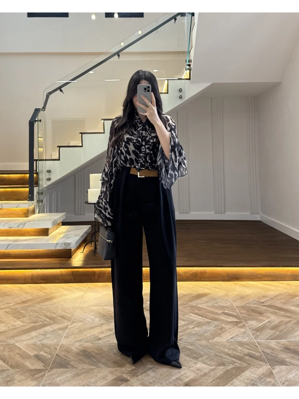 ( ÖN SİPARİŞ ) SİYAH KÖPRÜ DETAYLI PALAZZO PANTOLON-3855