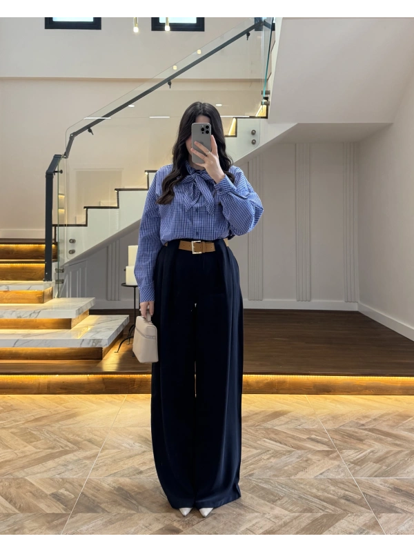 (ÖN SİPARİŞ) LACİVERT KÖPRÜ DETAYLI PALAZZO PANTOLON-3855