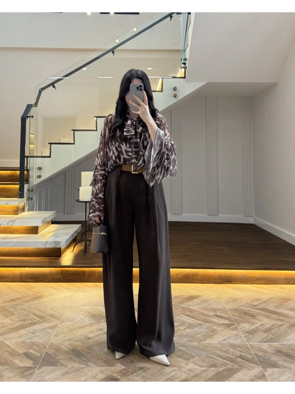 (ÖN SİPARİŞ ) KAHVE KÖPRÜ DETAYLI PALAZZO PANTOLON-3855