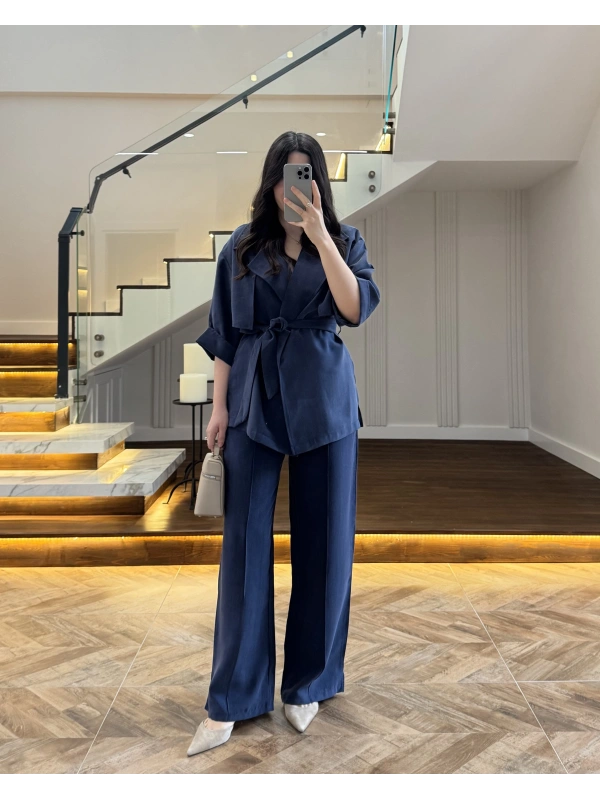 LACİVERT TENSEL YARIM KOL GÖMLEK PANTOLON TAKIM -267309