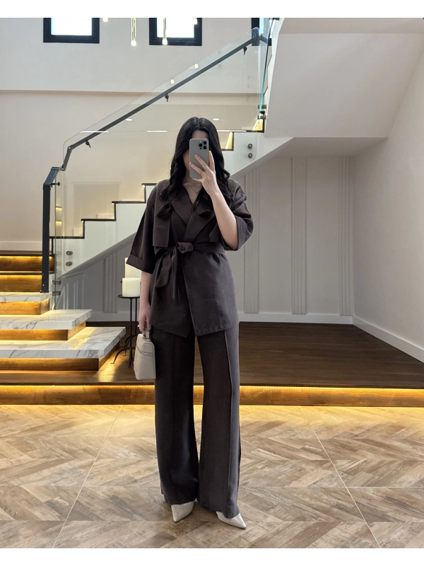 KAHVE TENSEL YARIM KOL GÖMLEK PANTOLON TAKIM -267309