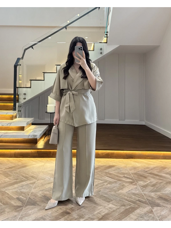 HAKİ TENSEL YARIM KOL GÖMLEK PANTOLON TAKIM -267309