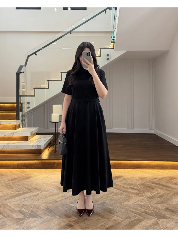 SİYAH ÖNÜ FERMUARLI ELBİSE -2341