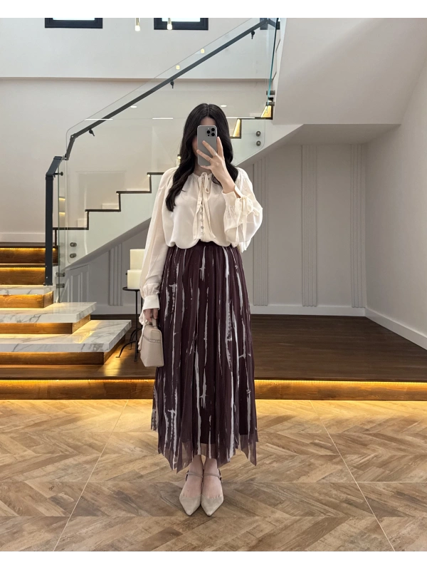 KAHVE PARÇALI ŞİFON ETEK -3369