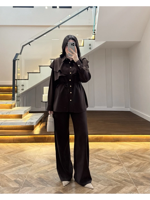 KAHVE PELERİN DETAY TAKIM -8885