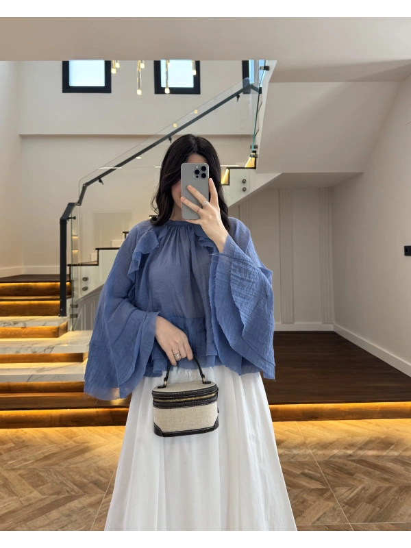 MAVİ KOLLARI FIRFIRLI BLUZ-5009