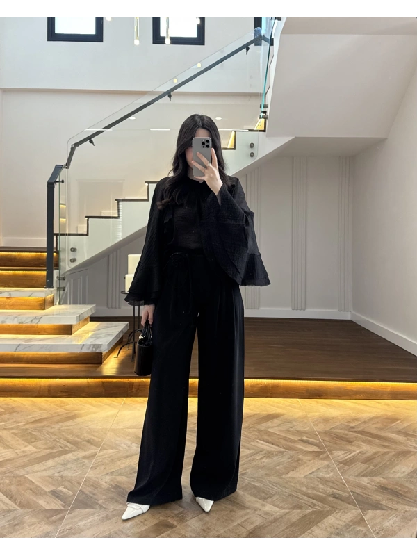 SİYAH GÜL BROŞLU PALAZZO PANTOLON-3902