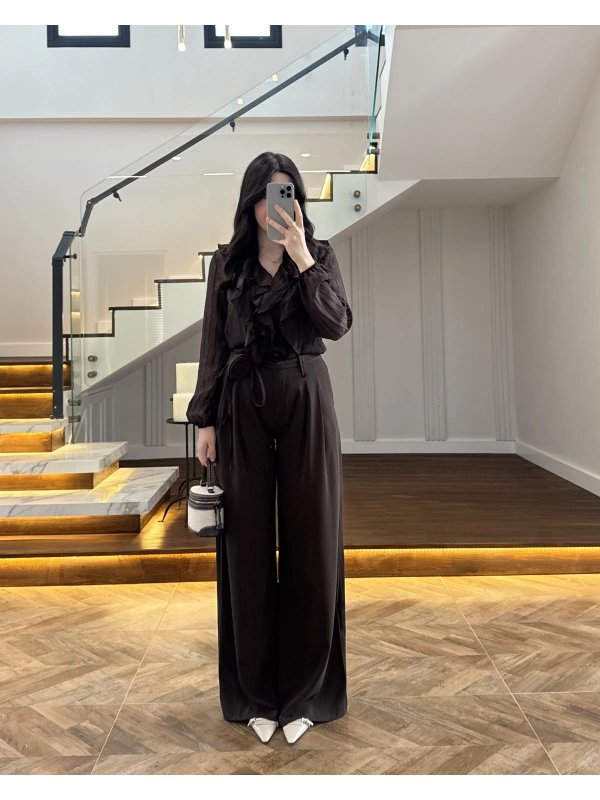 KAHVE GÜL BROŞLU PALAZZO PANTOLON-3902