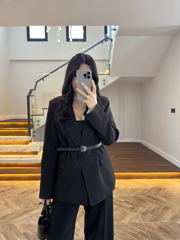 SİYAH KEMERLİ POLİVİSKON BLAZER CEKET-9700