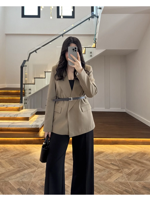 HAKİ KEMERLİ POLİVİSKON BLAZER CEKET-9700