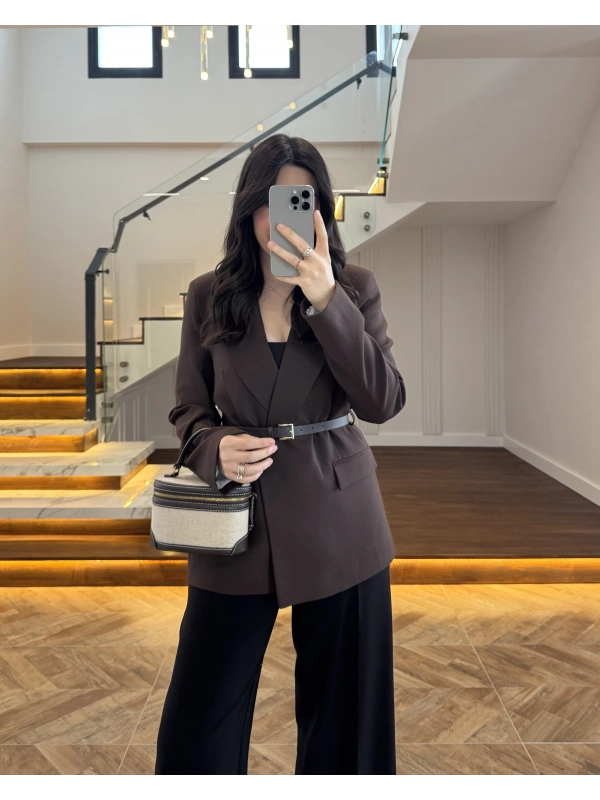 KAHVE KEMERLİ POLİVİSKON BLAZER CEKET-9700