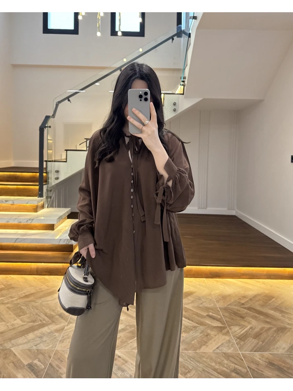 OVERSİZE BAĞLAMA DETAYLI GÖMLEK KAHVE-4988