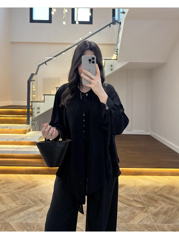 OVERSİZE BAĞLAMA DETAYLI GÖMLEK SİYAH-4988