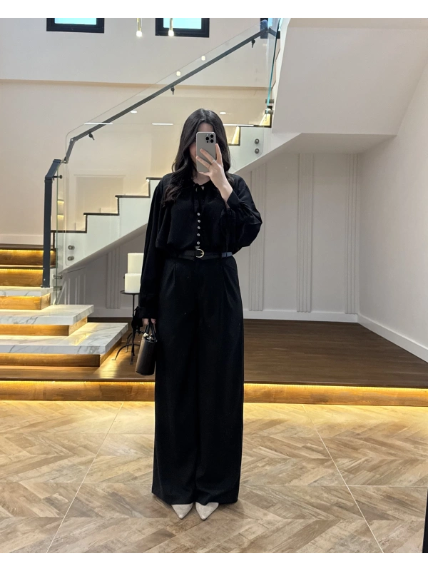 SİYAH POLİVİSKON KEMERLİ PANTOLON- 51304