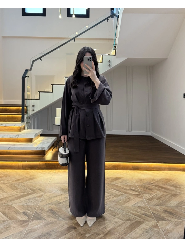 KAHVE PİLE DETAY KUŞAKLI TAKIM -8926