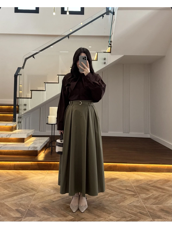 YEŞİL PİLELİ KEMERLİ ETEK -1287