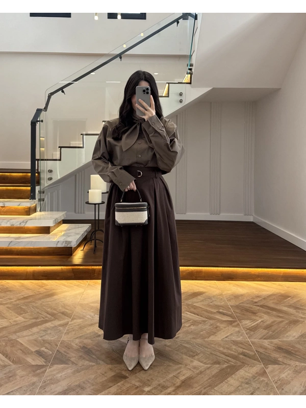 KAHVE PİLELİ KEMERLİ ETEK -1287