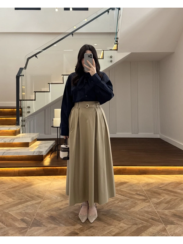 HAKİ PİLELİ KEMERLİ ETEK -1287