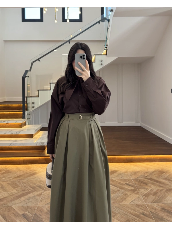 KAHVE FULAR YAKALI GÖMLEK -5407