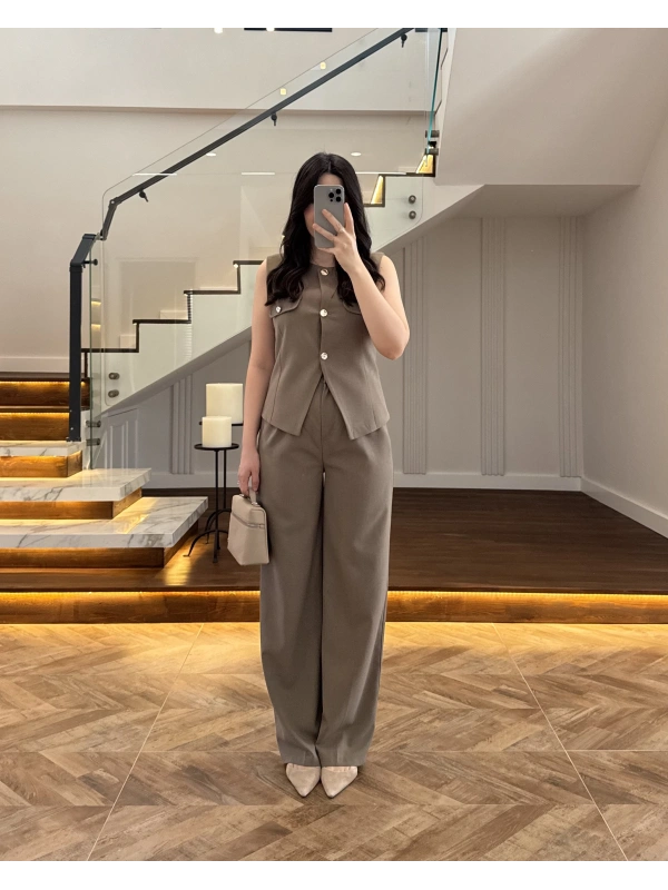 HAKİ GOLD DÜĞMELİ YELEK TAKIM -8907