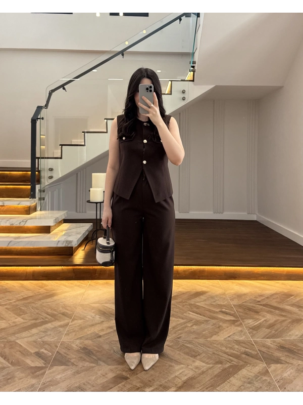 KAHVE GOLD DÜĞMELİ YELEK TAKIM -8907