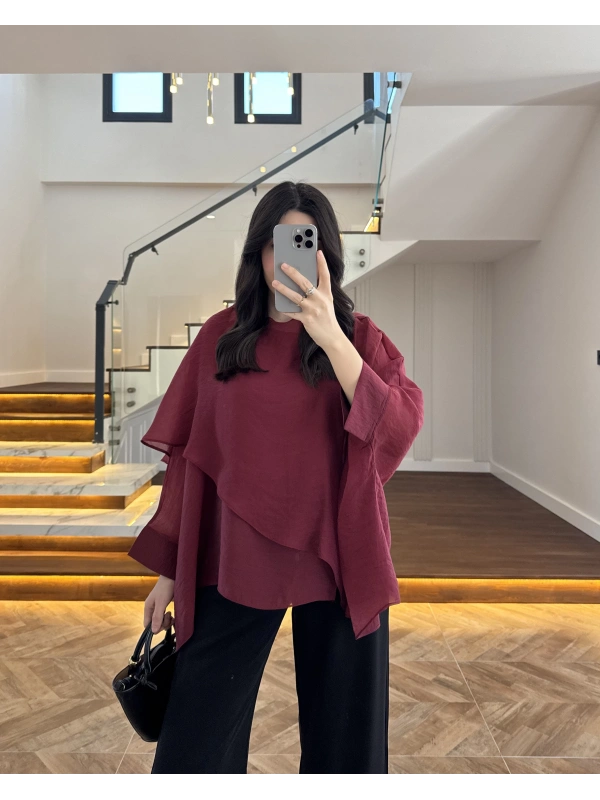 BORDO UÇUŞAN PELERİN BLUZ -5026