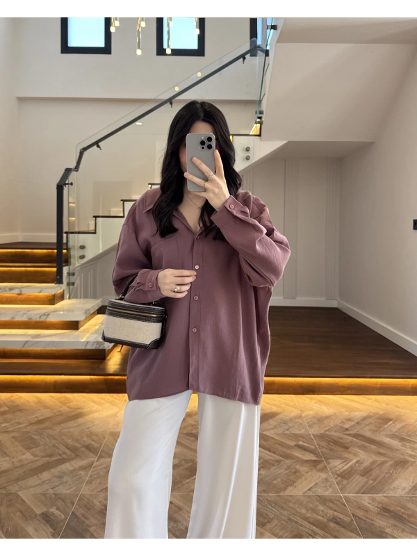 GÜL KURUSU DÜŞÜK OMUZLU MODAL GÖMLEK -5050