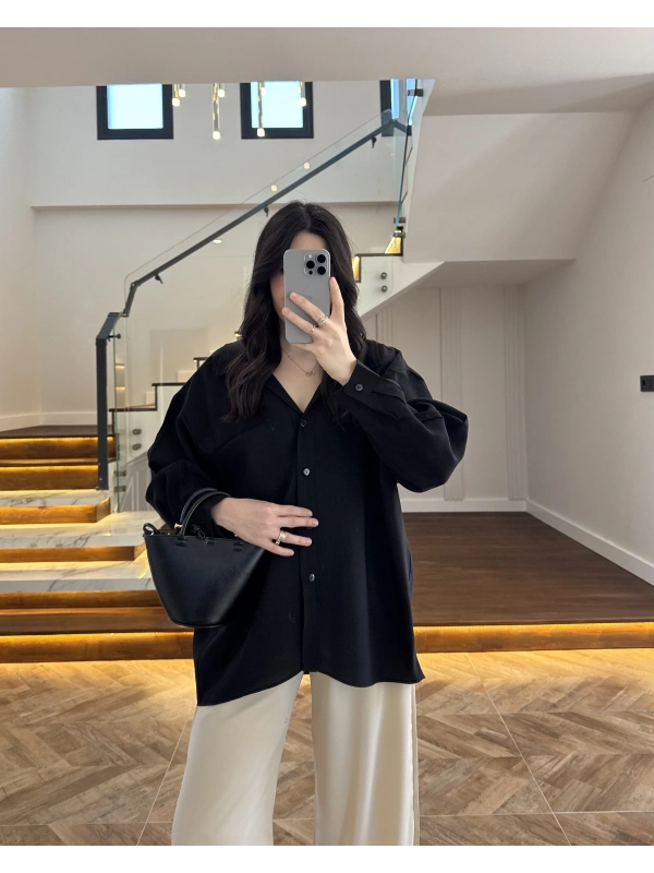 SİYAH DÜŞÜK OMUZLU MODAL GÖMLEK -5050