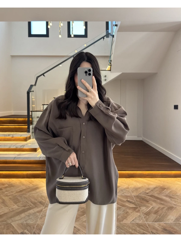 HAKİ DÜŞÜK OMUZLU MODAL GÖMLEK -5050