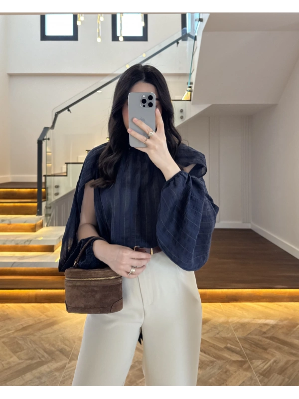 LACİVERT TASARIM BALON KOL BLUZ -5415