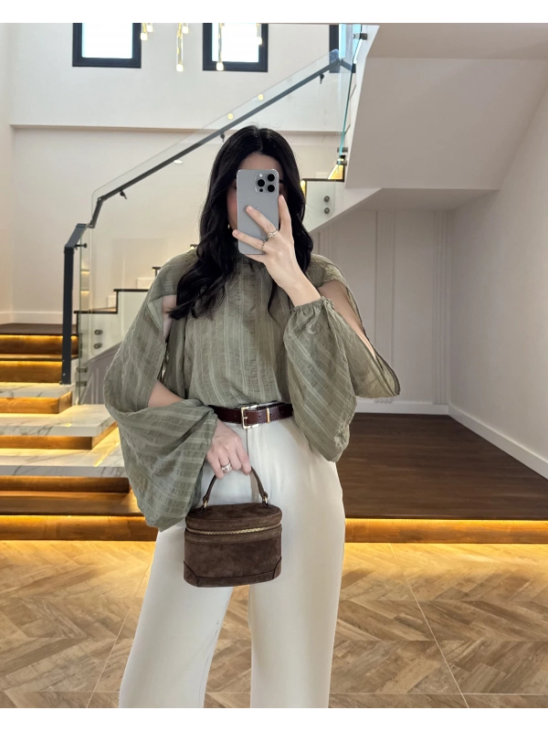 HAKİ TASARIM BALON KOL BLUZ -5415