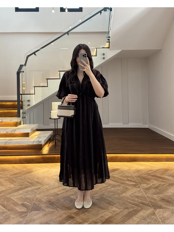 KAHVE PÜSKÜLLÜ ELBİSE - 3075