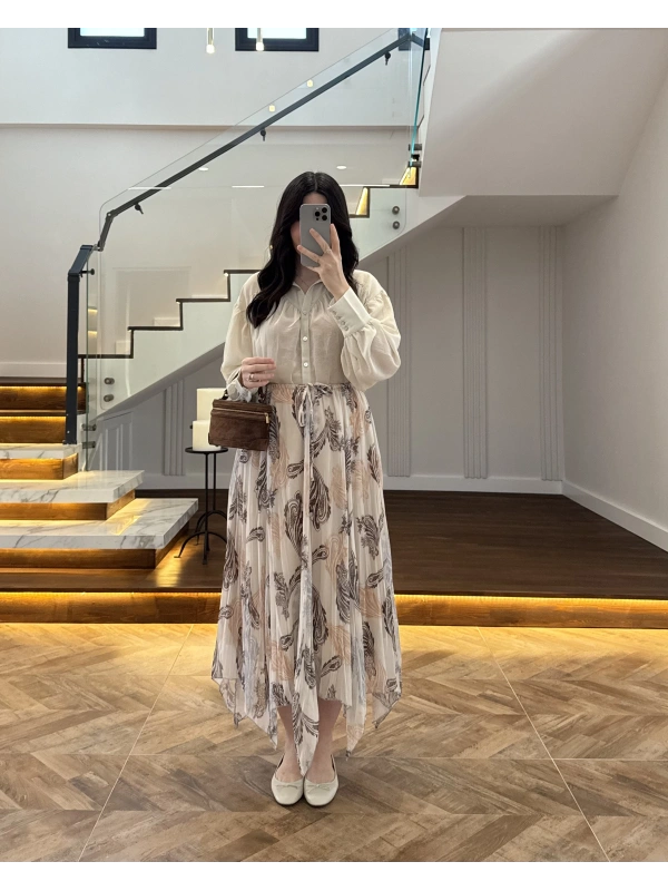 ASİMETRİK KESİM BEJ ŞİFON ETEK-1293